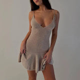 MQTIME  -  Womens Sexy Deep V Neck Hollow Knitted Dress Spring Solid 3D Flower Sling Mini Dress Summer Sleeveless Ruffle A-Line Party Dress