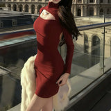 MQTIME  -  Korean Simple Style Red Flame Burgundy Deconstruction Hollow Backless Hip Dress Spring New