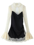 MQTIME  -  French Elegant Sexy Women Lace Patchwork Mini Dress Contrast Slim Long Sleeve Dresses Fashion High Street Lady Chic Dress