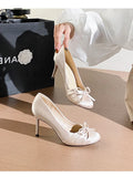 MQTIME  -  French Fairy Style Satin High Heels Female New Round Head Shallow Mouth Bow Single Shoes Female