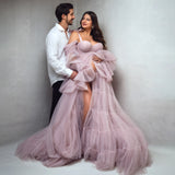 MQTIME  -  Elegant Dusty Pink Tiered Tulle Maternity Dress Photoshoot Off Shoulder Puff Sleeve High Split Pregnancy Gown Baby Shower Outfit