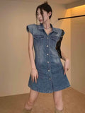MQTIME  -  The Newest Fashion Wear Take Fashion Women Vintage Polo-neck Sleeveless Denim Blue Dress Party Cocktail Short Mini Dress