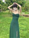 Mqtime Womem Vintage Sweet Midi Camisole Dress Side Split Casual Long Dress New French Retro V-Neck Green Chiffon Strap Dress