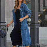 MQTIME  -  Women's Vintage Deep Blue Midi Long Jean Jacket Spring New Loose Fit Double Breasted Denim Jacket Trench Coat With Belts