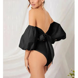 MQTIME  -  Stylish Off Shoulder Puff Sleeve Backless Swimsuit with Tied Waist