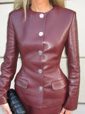 MQTIME  -  New Burgundy Pu Leather Skirt Sets Elegant O-neck Single Breasted Slim Jackets 2 Piece Suit Female Office High Streetwear