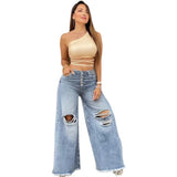 MQTIME  -  Summer New High Waist Retro Loose Hole Wide Leg Pants Light Color Washed New Jeans Women's Pants jeans