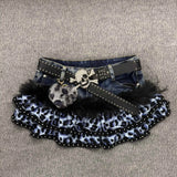 MQTIME  -  Summer Vintage Gothic Denim Skirt Women Y2K Punk Fashion Leopard Print Mini Skirt Grunge Streetwear Fur Patchwork Clothes New
