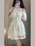 MQTIME  -  Sweet Summer Mini Dress for plus Size Women with Wood Grain Ruffle Bubble Sleeve Square Collar Waist Cinching Fashionable