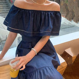 MQTIME  -  Fashion Niche Design Ruffles Dress Summer Woman New Vintage Splicing Solid Color Casual Cowboy Dress