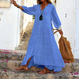 MQTIME  -  Summer Loose Long Sleeve Dress Casual Single Breasted Holiday Dresses Women's V Neck Pattern Printed Bohemian Style