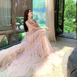 MQTIME  -  Sweet Pink Tulle Maxi Dress Women Summer Spaghetti Strap Ruffle Layered Long Dress Female Elegant Beach Vacation Party Dresses