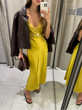 MQTIME  -  Women Sexy Lace Patchwork Sling Dress Chic V-neck Off-shoulder Backless Satin Loose Vestidos New Lady Vacation Street Gowns