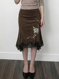 MQTIME  -  Vintage Flower Print Summer Temperament Medium Strecth Irregular Lace Patchwork Women's Skirts