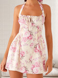 MQTIME  -  Women s Boho Floral Print Halter Neck Sleeveless Backless Mini Dress with Tie Front Detail and  Fit Silhouette