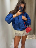 MQTIME  -  Fashion Lapel Blue Pocket Casual Jacket Long Sleeve Cropped Loose Autumn Chic Women Commute Daily Ladies Outerwear Street
