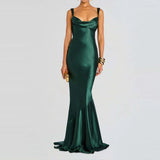MQTIME  -  Summer Off Shoulder Suspender Satin Robe Dress Simple Solid Color Slim Fit Women's Wedding Dress Elegant Backless Party Dresses