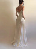 MQTIME  -  Summer Fashion Hight Waist Solid Long Dress Women Sexy Sleeveless Backless Gowns Dress Elegant Deep V-neck Split Suspender Dress