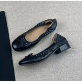 MQTIME  -  Vintage Rivet Bowknot Women Ballet Pumps Comfortable Soft Leather 3cm Thick Heeled Lazy Loafers Spring Summer Casual Girls Shoes