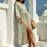 MQTIME  -  Summer Lantern Long Sleeve Split Pleated Dress Elegant High Waist Loose Party Dress Bohemian Style Printed V-neck Vacation Dress