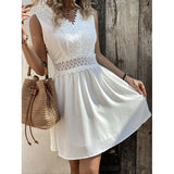 MQTIME  -  White Lace Mini Tank Dresses Women Summer Sleeveless Backless Party Dress Female Fashion Vintage Jacquard Ruffles Short Dress
