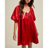 MQTIME  -  Women Satin Silk Mini Dress Bow Tied Front Square Neck Half Bubble Puff Sleeve Loose Fit Silky Short A-line Dresses
