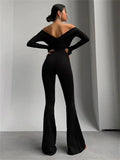 Mqtime Off-Shoulder Slim Black Rompers For Women Trousers Straight High Waist Fashion Patchwork Long Sleeve Jumpsuit Streetwear