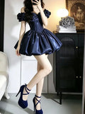 MQTIME  -  Elegant Princess Navy Blue Off Shoulder Puff Sleeve Corset Bow Bubble Hem Mini Dress Women For Banquet 18th Birthday Prom Party