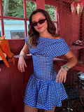 MQTIME  -  Blue White Gingham Off Shoulder Mini Dress Fashion Short Sleeve High Waist Flounce Hem Casual Summer Dresses New Lady Robes