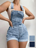  MQTIME  -  American Vintage Light Blue Denim Backless Shorts, High-Waisted Roll-Up Hem Slimming Casual Style, Loose-Fitting Women's Summer