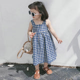 MQTIME  -  Girls Korean Blue Plaid Dress Summer New Cotton And Linen Children's Cute Bow Tie Sleeveless Halter Suspenders Dresses