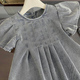 MQTIME  -  Korean Style Summer Girl's Denim Dresses 2-8Y Kid's Short Flare Sleeve Pleated Soft Denim Dress Children's Clothing