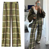 MQTIME  -  Vintage Green Plaid Long Straight Loose Pants For Women Causal High Waist Trousers Autumn New Women Pants Streetwear