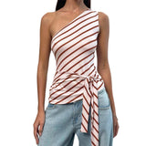 MQTIME  -  Women s Striped One Shoulder Tank Top with Tie-Up Waist and Sleeveless Design - Chic Streetwear Aesthetic Vest for Casual Wear