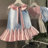 MQTIME  -  Summer Children Girl Party Dress Bow Turn Down Collar Spliced Pleated Dress For 1-8Y Girls Loose Infant Baby Girl Birthday Dress