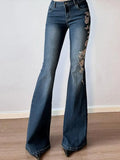 MQTIME  -  Chic Rose Embroidered Gradient Slightly Flared jeans for Women Slim Low Rise Dragging Denim Pants Casual Elegant Fashion Trouser
