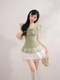  MQTIME  -  Vintage Japanese Square Collar Short Sleeve Solid Lace Patchwork Bow Women Blouse
