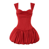 MQTIME  -  Sexy Women Satin Fold Chest Pad Bra Slash Shoulder Dress Corse Boning Low Waist Cross Lacing Up Back Ball Gown BUD Dresses Robe