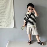 MQTIME  -  Summer New Children Short Sleeve Casual Polo Shirts Baby Boy Girl Hollow Out Knitwear Toddler Kids Striped Knitted Lapel Tops