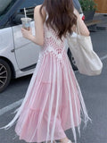 MQTIME  -  Two-piece Suit Women's Pink Gentle Suspender Dress Women's Summer New Vacation Style Seaside Fringed Blouse
