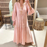 MQTIME  -  Casual Ladies V-Neck Long Dress Fashion Solid Color Puff Sleeve Loose Summer A-line Long Sleeve Beach Sundress