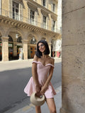 MQTIME  -  Elegant Solid Color Off-shoulder Mini Dress Women Fashion One Shoulder Pleated Short Dresses Summer New Daily Dating Gowns