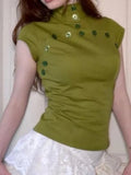  MQTIME  -  Olive Green High Neck Top Fashion Cap Sleeve Asymmetric Button Front Slim Fit Shirt Summer Trendy Lady Casual Elegant Tops