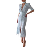 MQTIME  -  Chic Lace Trimmed Printed Dress Women Elegant Deep V-neck Waist Cinching Split Short Sleeve Maxi Dress Lady Party Vestidos