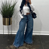 MQTIME  -  New High Waist Water Washing Casual American Y2K Vintage Pants with a Patchwork Design Blue Washed Denim Long Pants Baggy Jeans
