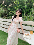 MQTIME  -  2024 Summer Elegant Puff Sleeve France Dress Female High Waist Slim Floral Print Holiday Midi Dress Women One Piece Beach Dress