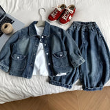  MQTIME  -  Set Spring and Summer New Childrens Clothing Korean Style Boys and Girls Cool Cool White Denim Two-piece Set Simple