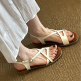 MQTIME  -  Women's retro top layer cowhide single button external wear exposed toe woven mid heel Roman sandals women's new style