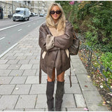 MQTIME  -  Fashion Retro Leather Women's Coat Winter Warm Windproof Plush Lining Coats with Belt Women Solid Turndown Collar Outerwears