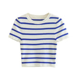 MQTIME  -  Vintage Women Striped Short Tshirts Fashion Ladies Slim Knitted Crop Tops for Womens Casual Tees Female Clothes Chic